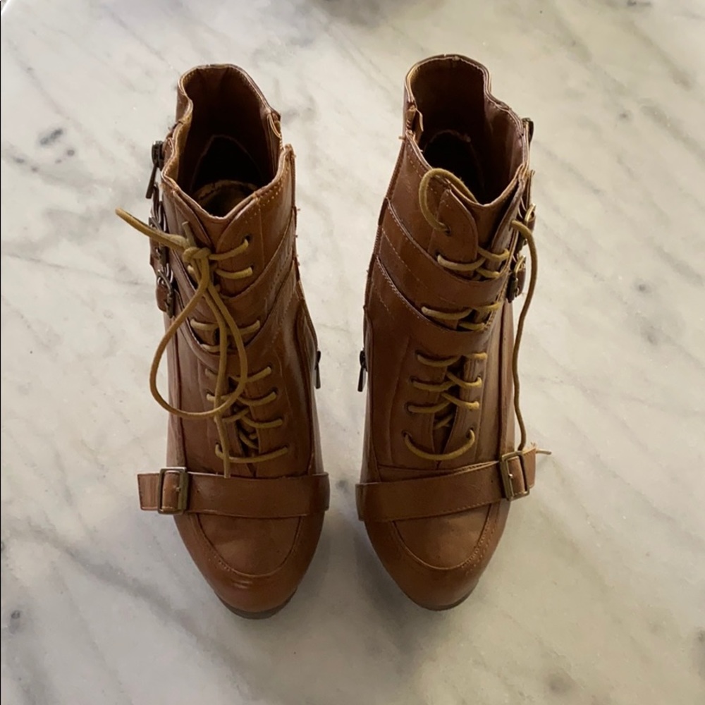 Anna Michelle high heeled brown combat booties